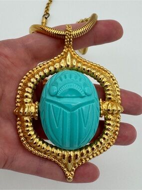 Vintage KJL Kenneth Jay Lane Turquoise Scarab Necklace Egyptian Revival Signed
